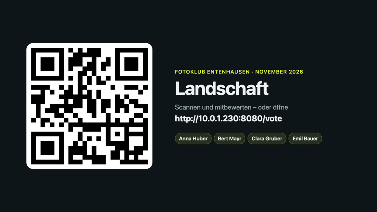 Projector: QR code to join and the members who have signed in